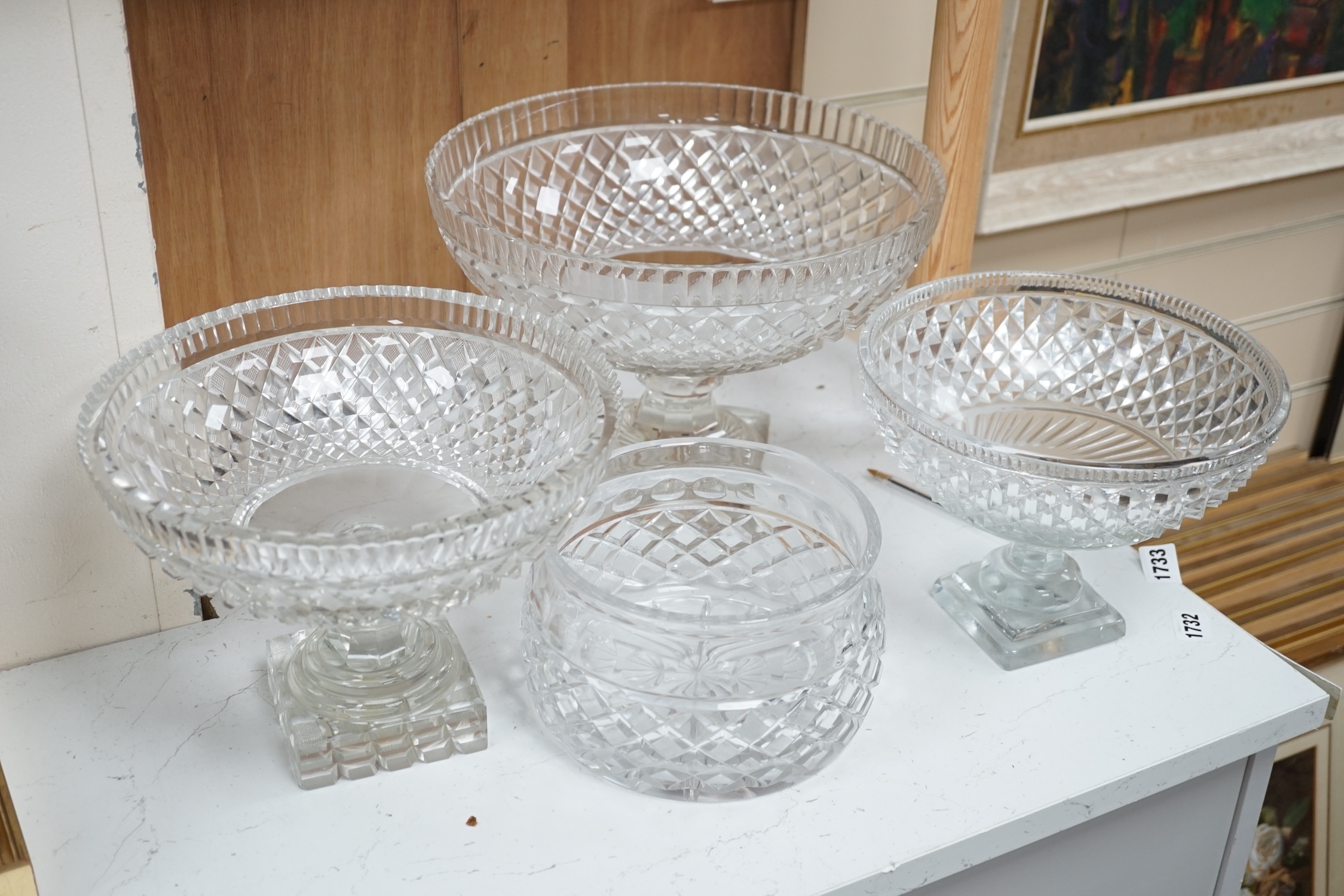 Voneche glass comprising three pedestal bowls and another bowl, largest 32cm in diameter. Condition - fair to good